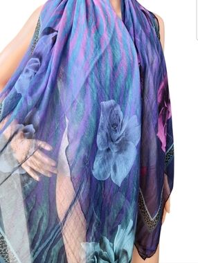 Roberto Cavalli Modal Cashmere Blend Abstract Floral Scarf Purple Blue Italy 53"